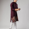Classic Wine Velvet Printed Kurta Pajama Set for Men for Festival