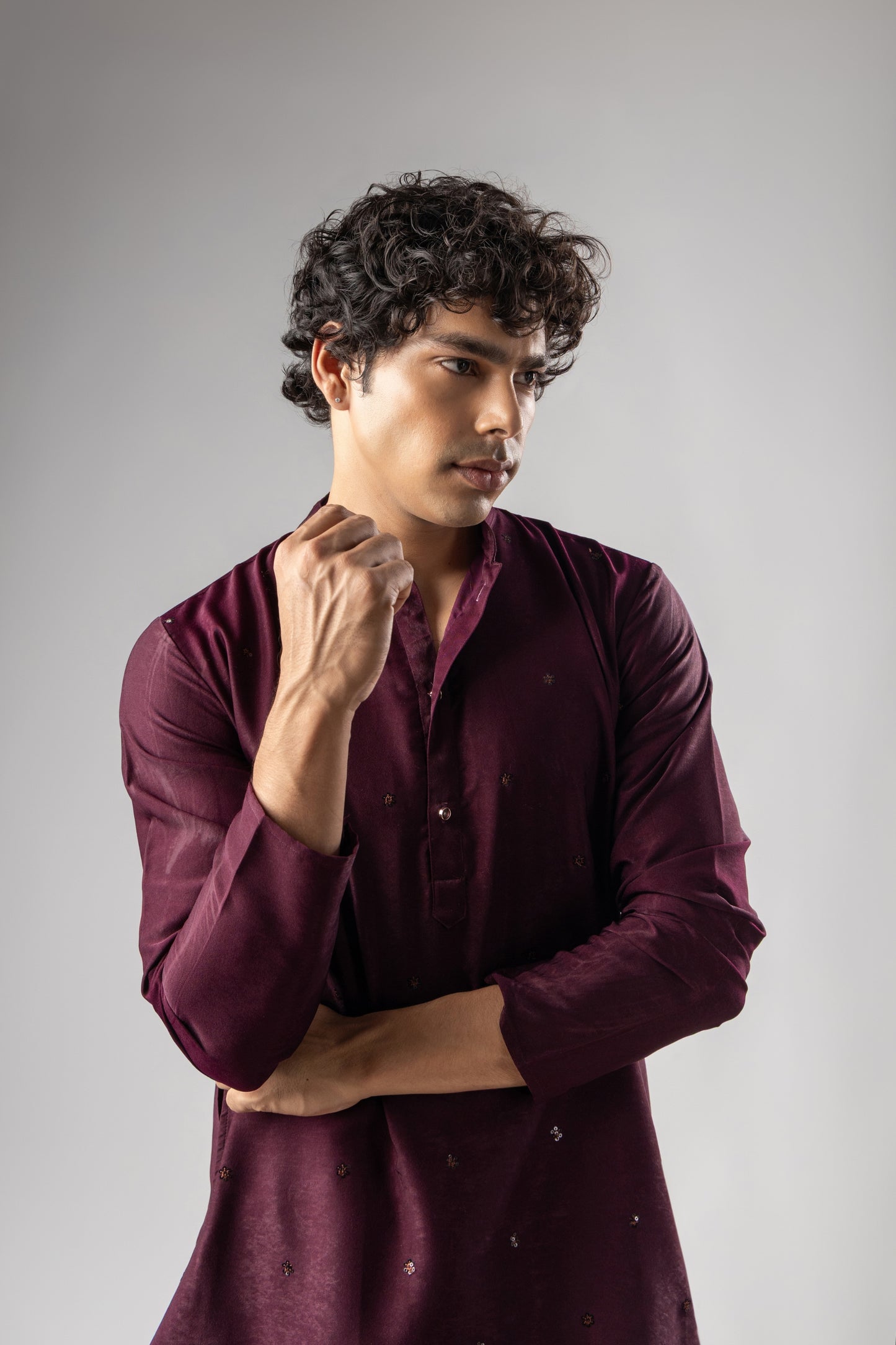 Classic Wine Velvet Printed Kurta Pajama Set for Men for Festival
