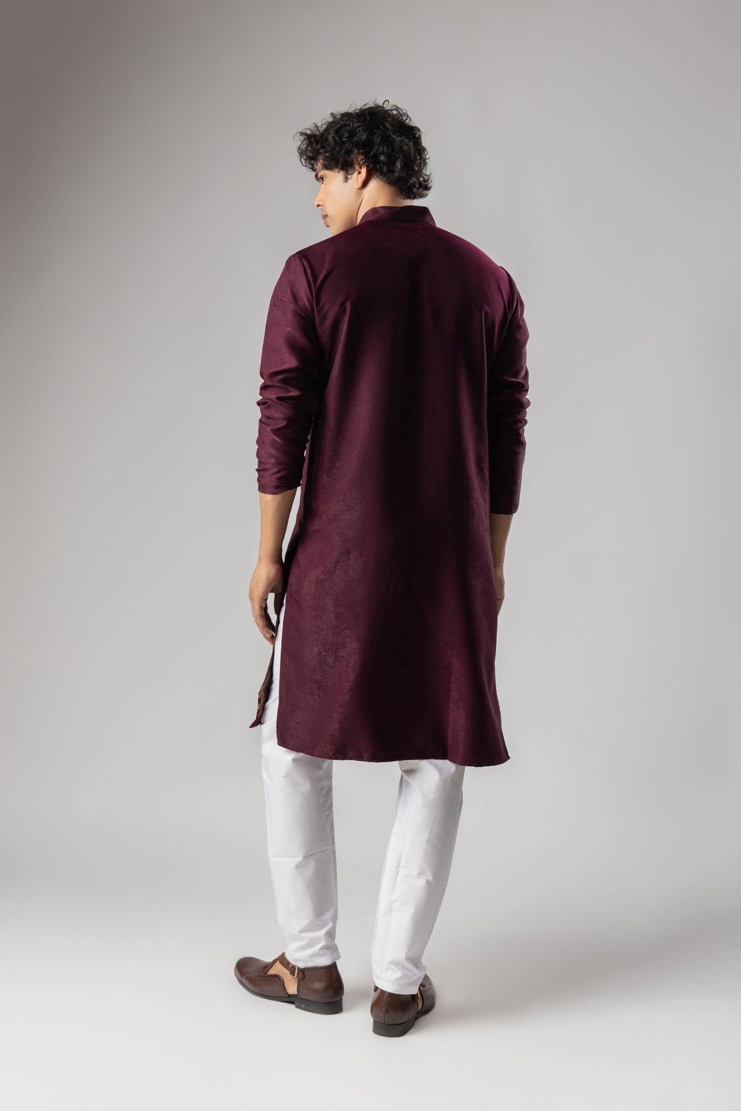 Classic Wine Velvet Printed Kurta Pajama Set for Men for Festival