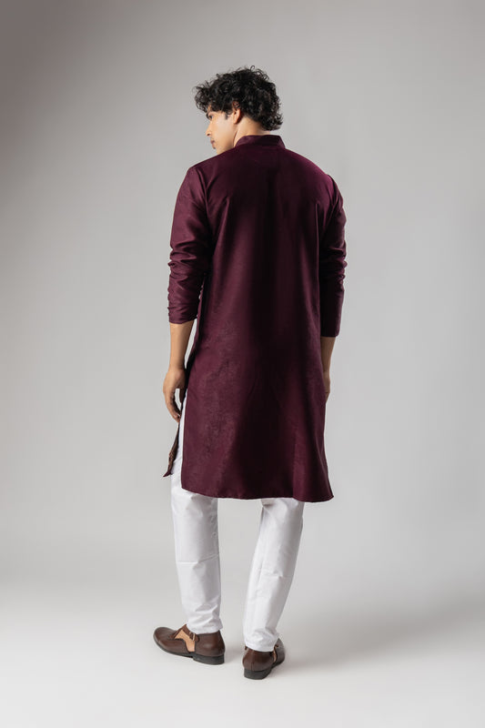 Classic Wine Velvet Printed Kurta Pajama Set for Men for Festival
