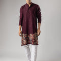Classic Wine Velvet Printed Kurta Pajama Set for Men for Festival