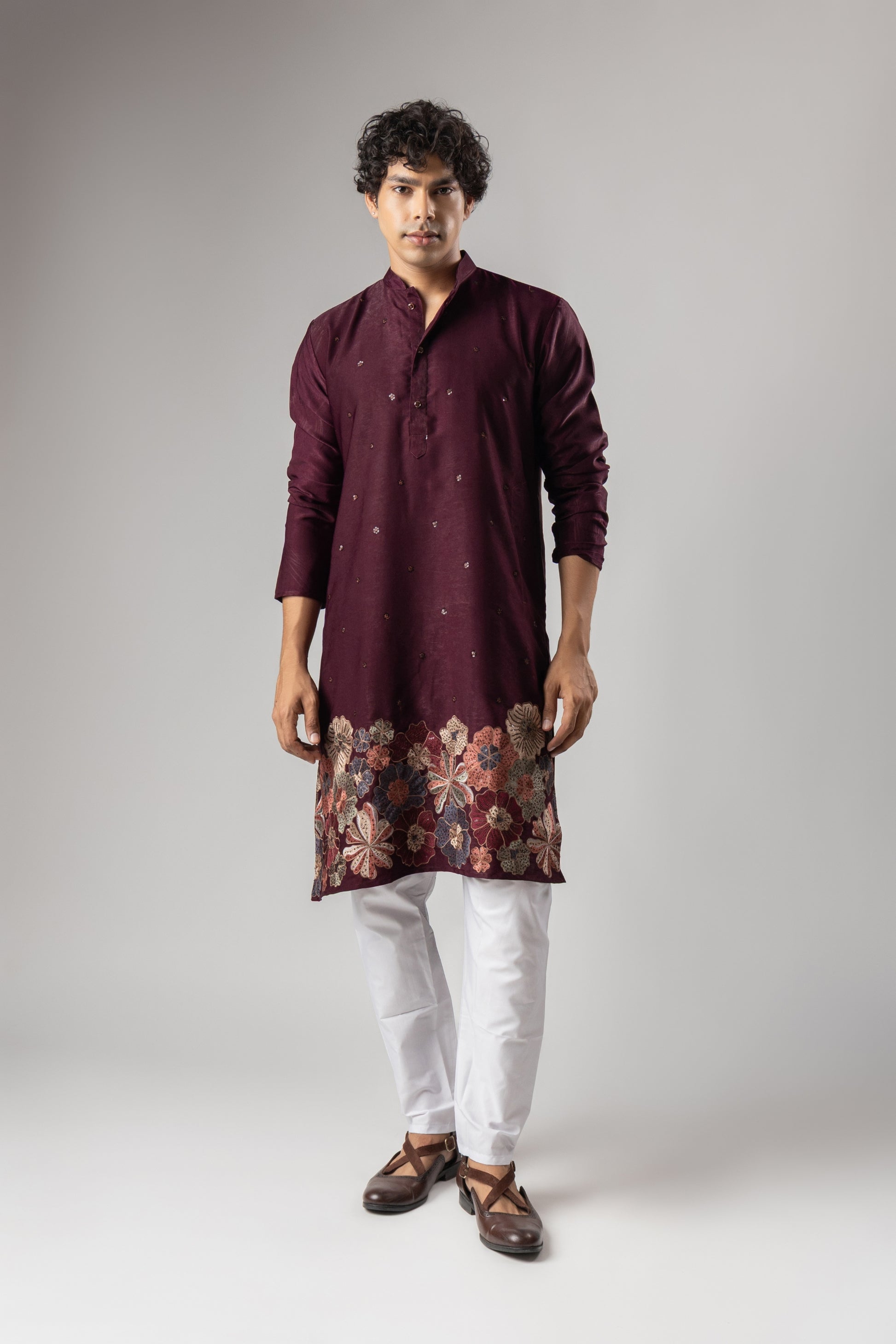 Classic Wine Velvet Printed Kurta Pajama Set for Men for Festival