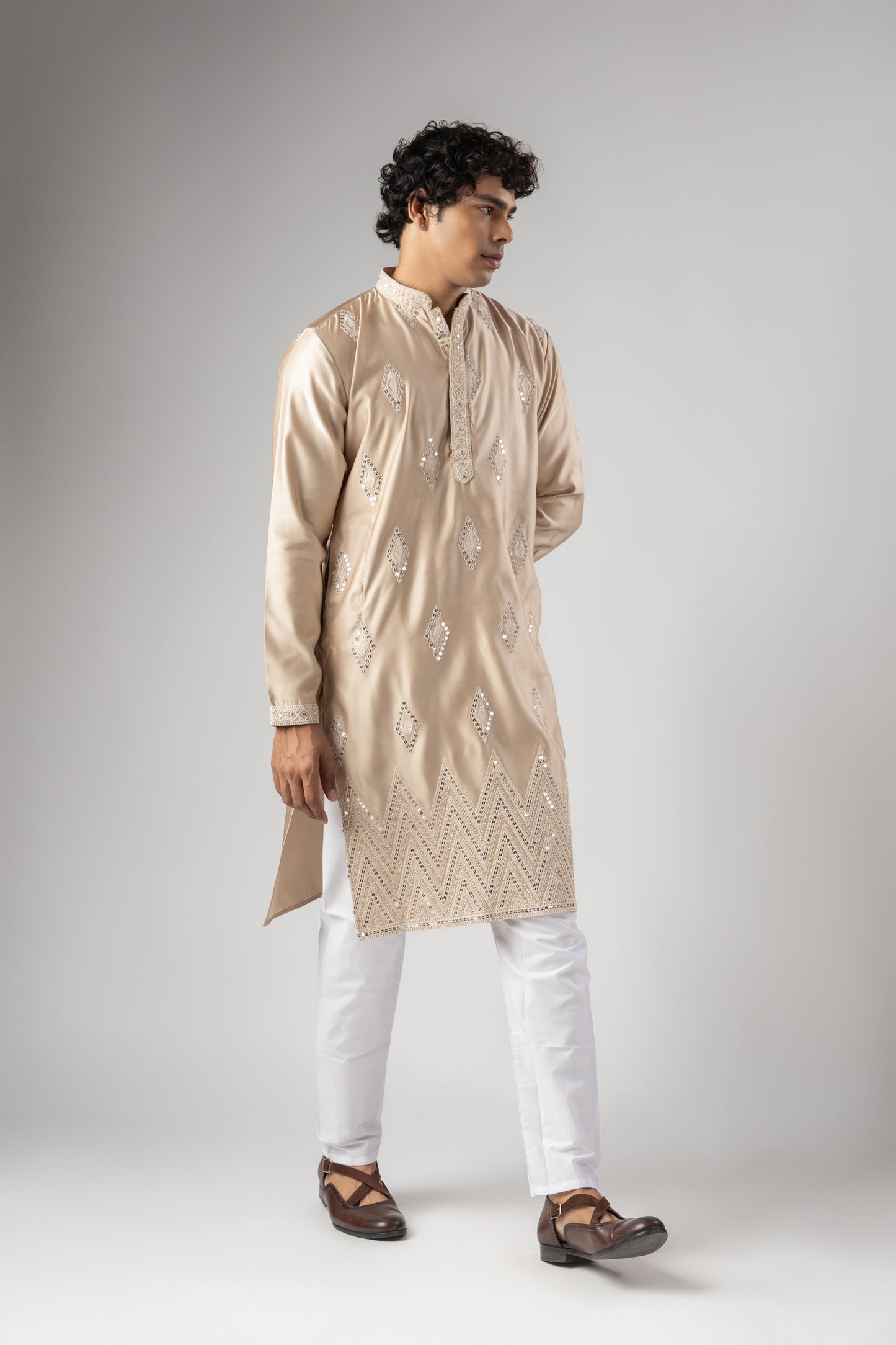 Grateful Cream Velvet Printed Kurta Pajama Set for Men for Festival