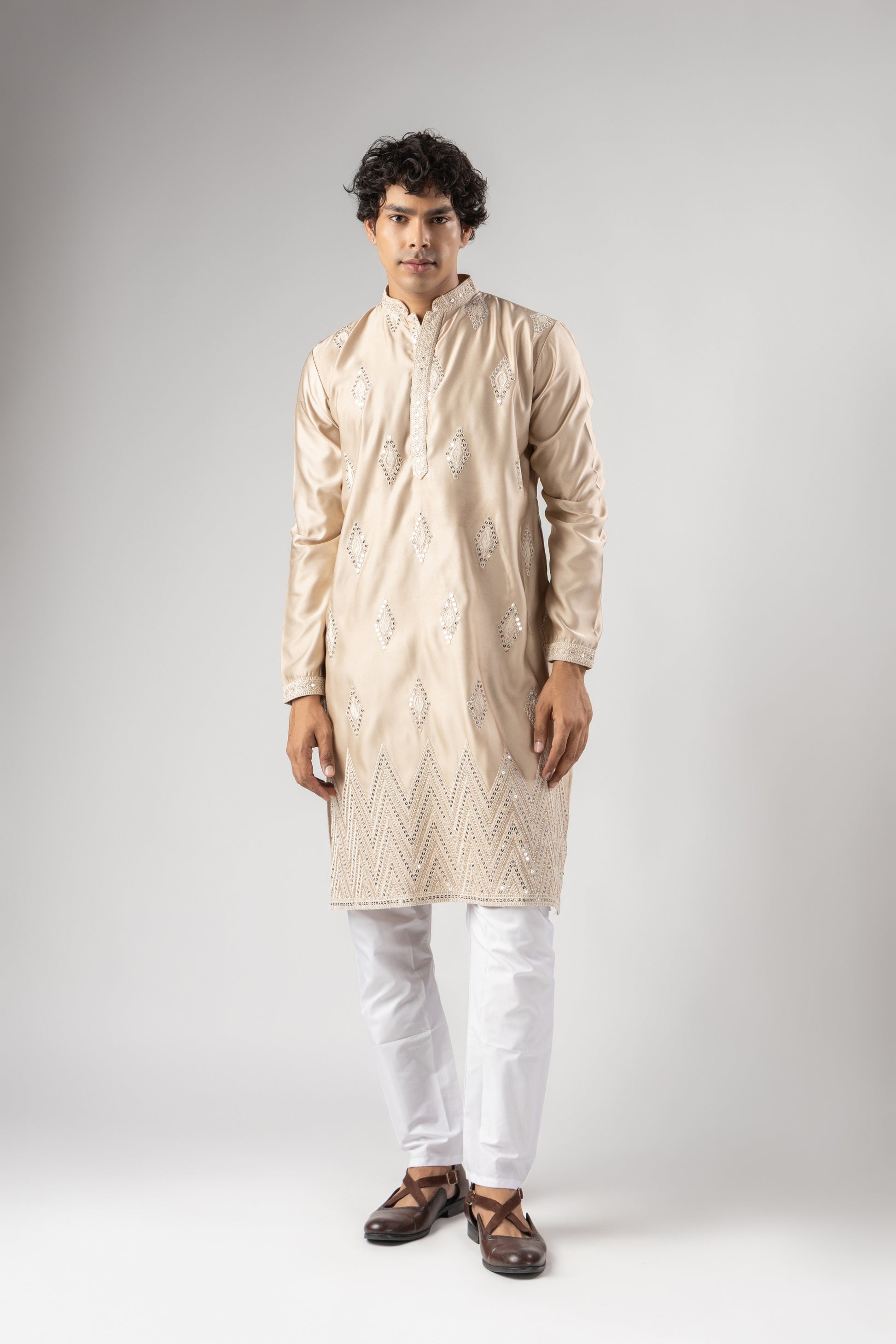 Grateful Cream Velvet Printed Kurta Pajama Set for Men for Festival
