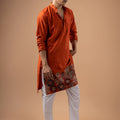 Superb Rust Orange Velvet Printed Kurta Pajama Set for Men for Festival