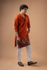 Superb Rust Orange Velvet Printed Kurta Pajama Set for Men for Festival