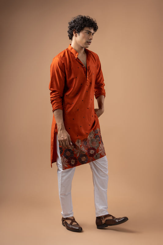 Superb Rust Orange Velvet Printed Kurta Pajama Set for Men for Festival