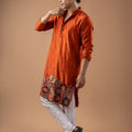 Superb Rust Orange Velvet Printed Kurta Pajama Set for Men for Festival