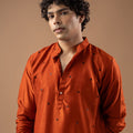 Superb Rust Orange Velvet Printed Kurta Pajama Set for Men for Festival