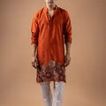 Superb Rust Orange Velvet Printed Kurta Pajama Set for Men for Festival