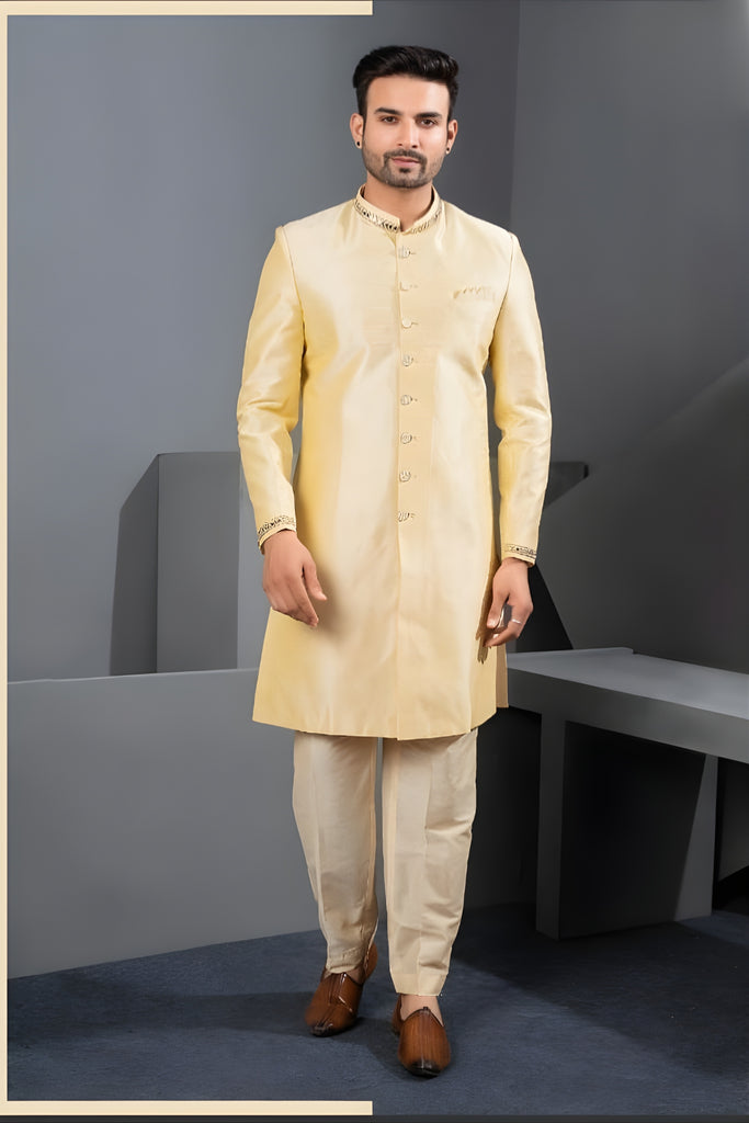 Premium Cream Art Silk Embroidered Designer Indo Western Suit with Pyjama for Wedding
