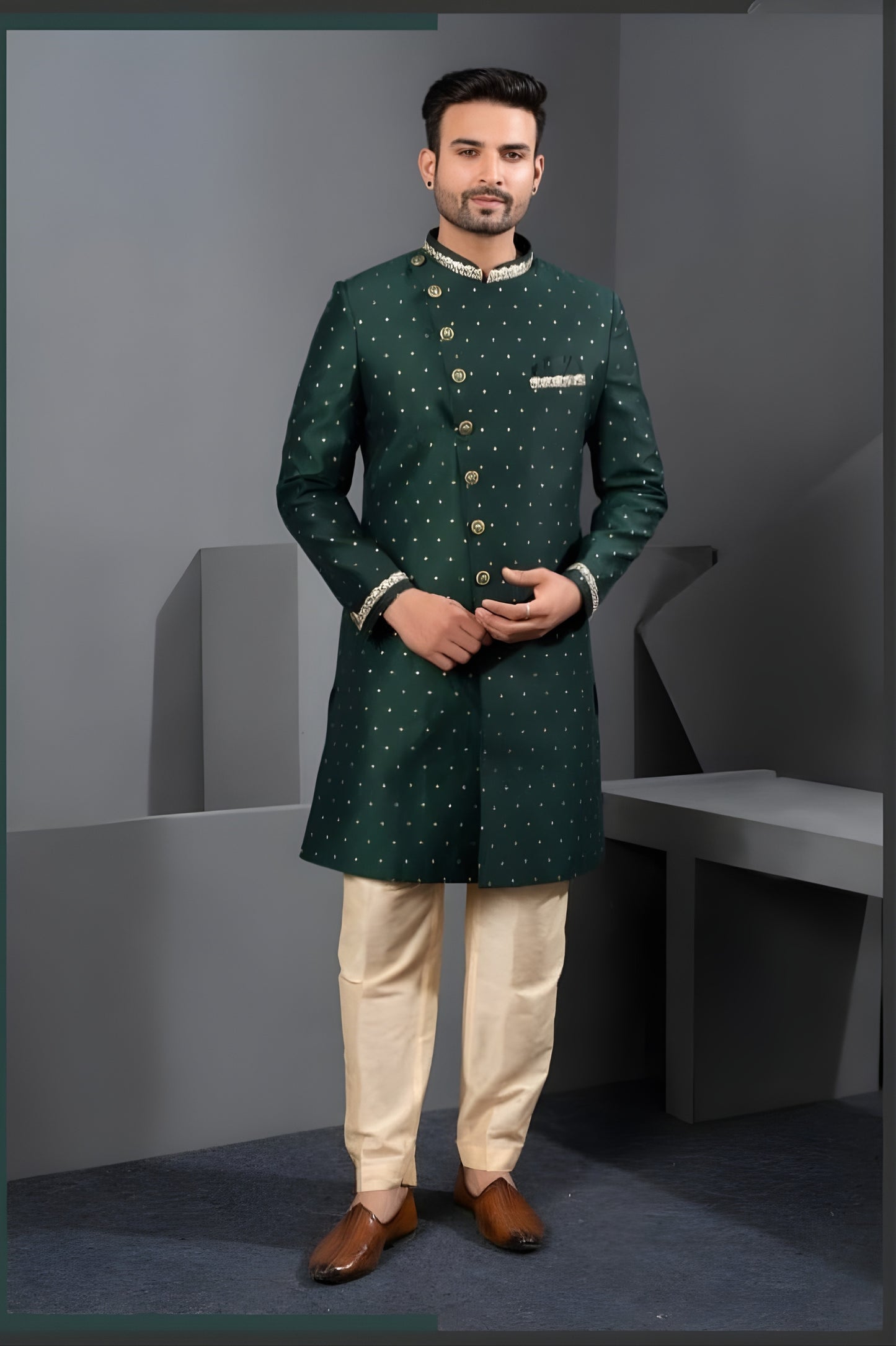 Stylish Rama Green Art Silk Embroidered Designer Indo Western Suit with Pyjama for Wedding