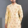 Luxury Cream Art Silk Floral Printed Designer Indo Western Suit with Pyjama for Wedding
