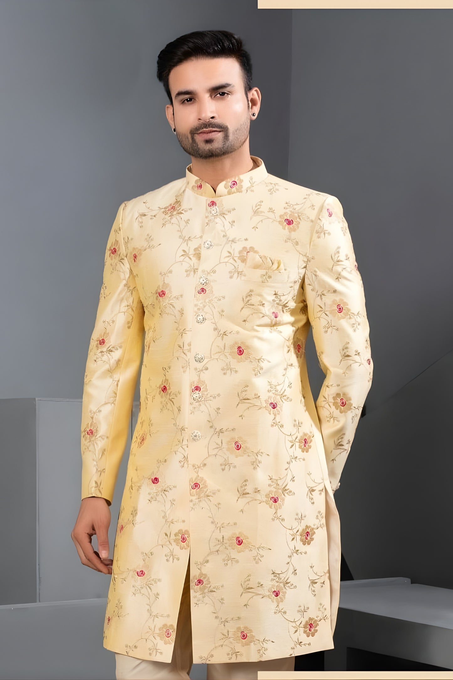 Luxury Cream Art Silk Floral Printed Designer Indo Western Suit with Pyjama for Wedding