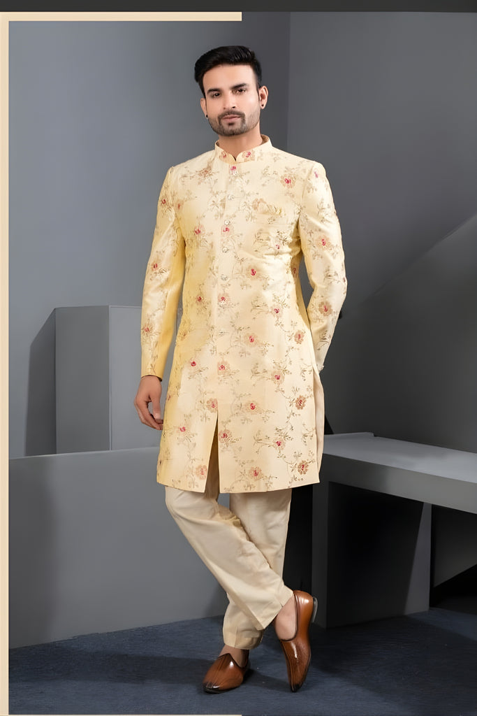 Luxury Cream Art Silk Floral Printed Designer Indo Western Suit with Pyjama for Wedding