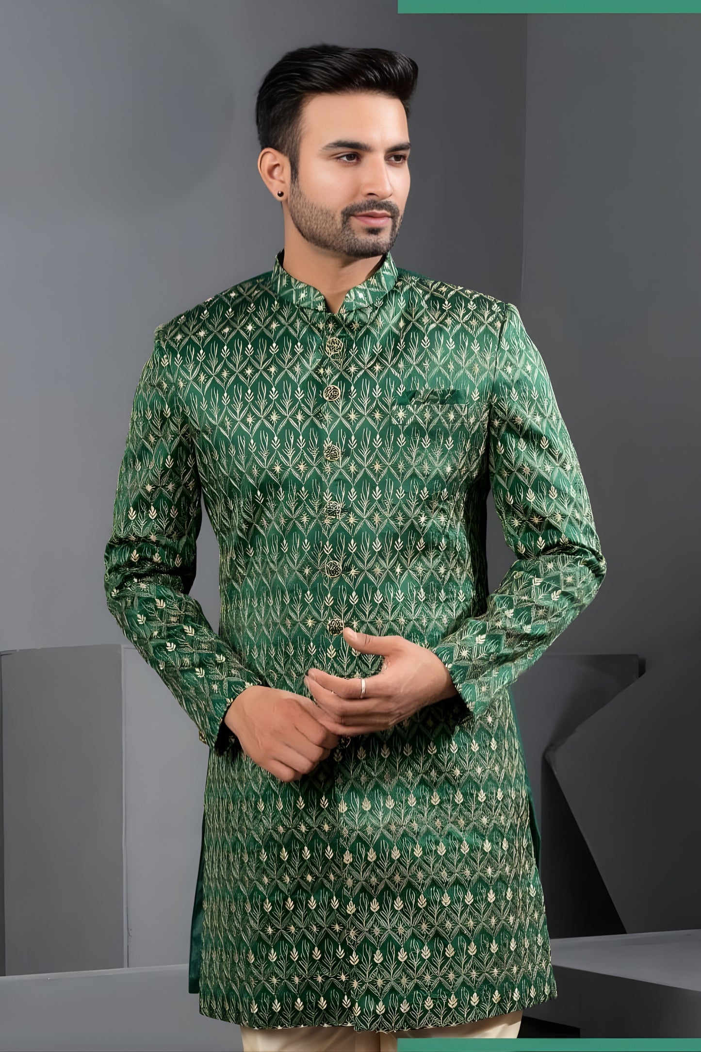 Royal Rama Green Art Silk Jacquard Designer Indo Western Suit with Pyjama for Wedding