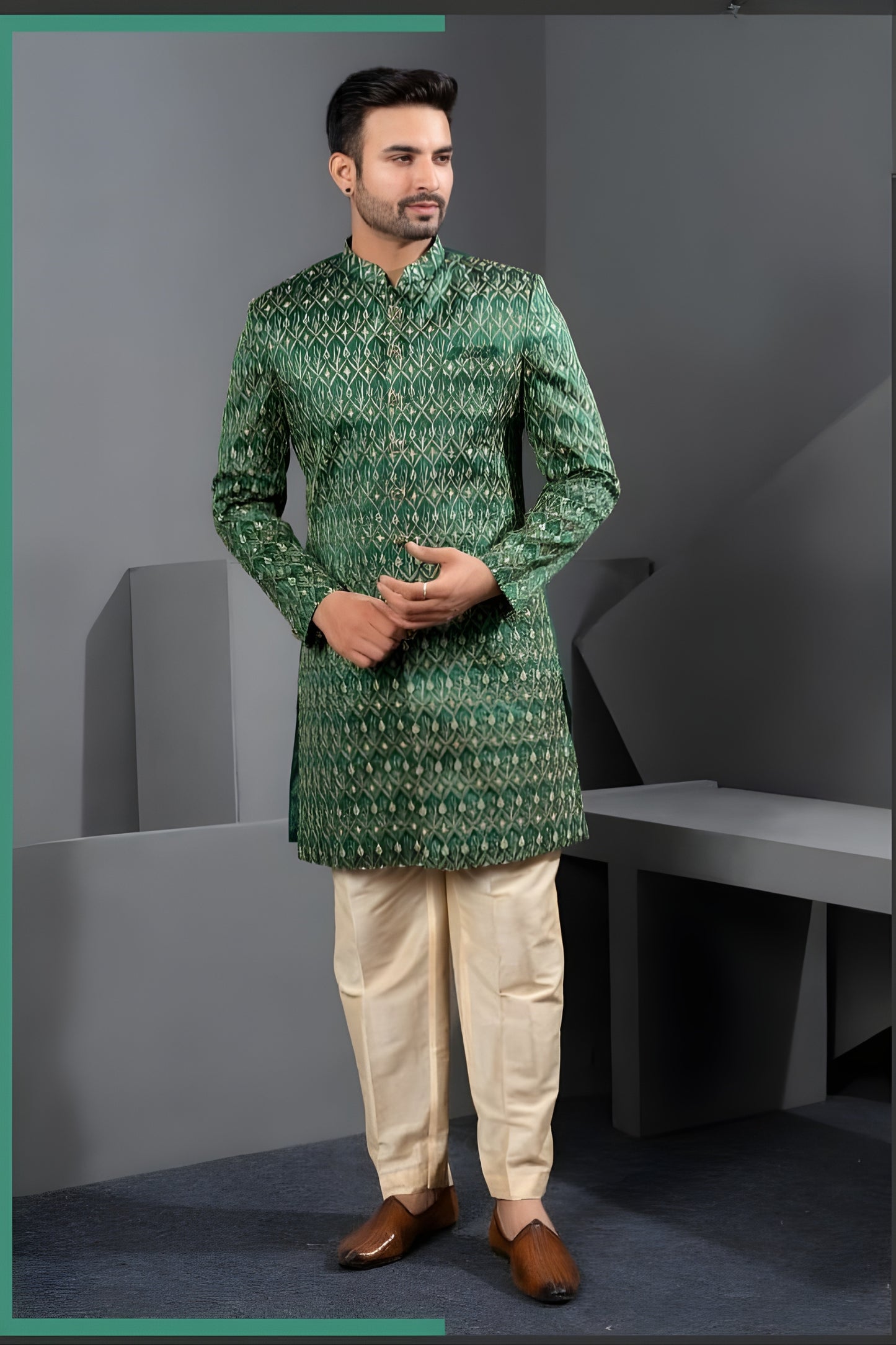 Royal Rama Green Art Silk Jacquard Designer Indo Western Suit with Pyjama for Wedding