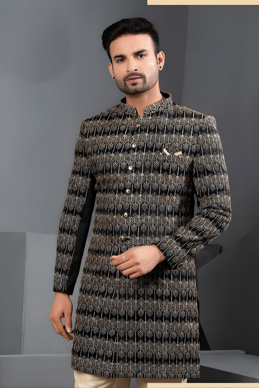 Stunning Black Art Silk Jacquard Designer Indo Western Suit with Pyjama for Wedding