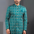 Wonderful Teal Blue Art Silk Jacquard Designer Indo Western Suit with Pyjama for Wedding