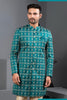 Wonderful Teal Blue Art Silk Jacquard Designer Indo Western Suit with Pyjama for Wedding