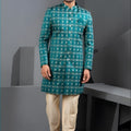 Wonderful Teal Blue Art Silk Jacquard Designer Indo Western Suit with Pyjama for Wedding
