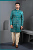 Wonderful Teal Blue Art Silk Jacquard Designer Indo Western Suit with Pyjama for Wedding