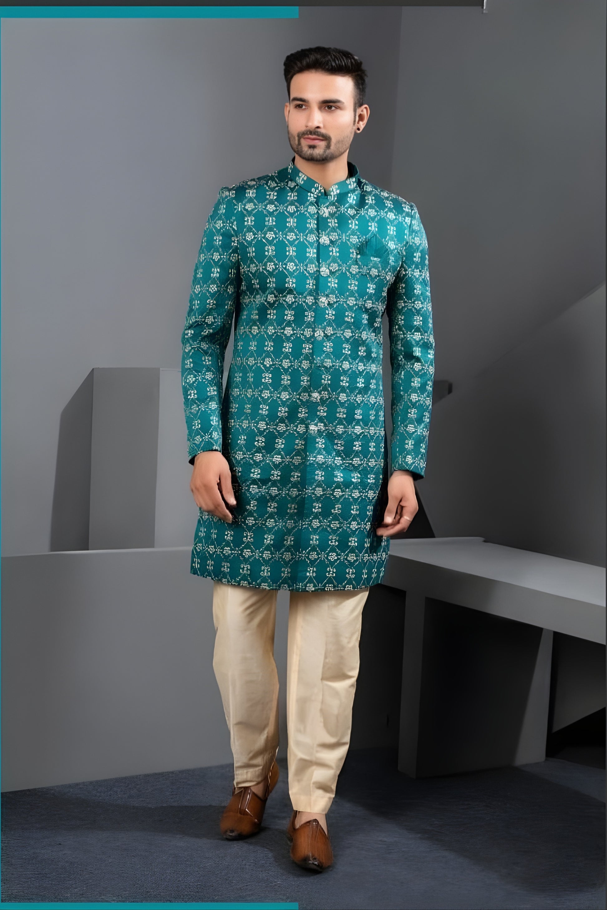 Wonderful Teal Blue Art Silk Jacquard Designer Indo Western Suit with Pyjama for Wedding
