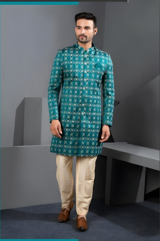 Wonderful Teal Blue Art Silk Jacquard Designer Indo Western Suit with Pyjama for Wedding