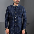Royal Navy Blue Art Silk Embroidered Designer Indo Western Suit with Pyjama for Wedding