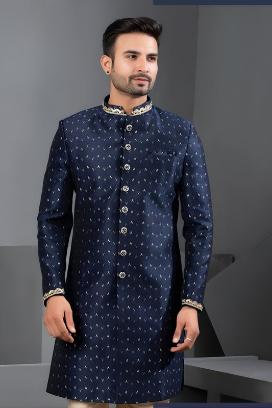 Royal Navy Blue Art Silk Embroidered Designer Indo Western Suit with Pyjama for Wedding