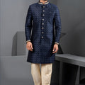 Royal Navy Blue Art Silk Embroidered Designer Indo Western Suit with Pyjama for Wedding