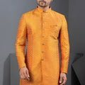 Vibrant Orange Art Silk Jacquard Designer Indo Western Suit with Pyjama for Wedding