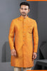 Vibrant Orange Art Silk Jacquard Designer Indo Western Suit with Pyjama for Wedding