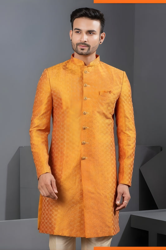 Vibrant Orange Art Silk Jacquard Designer Indo Western Suit with Pyjama for Wedding