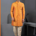 Vibrant Orange Art Silk Jacquard Designer Indo Western Suit with Pyjama for Wedding
