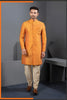 Vibrant Orange Art Silk Jacquard Designer Indo Western Suit with Pyjama for Wedding