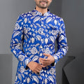 Awesome Blue Art Silk Embroidered Designer Indo Western Suit with Pyjama for Wedding