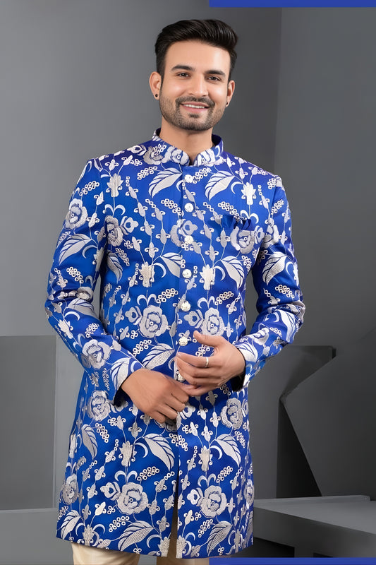 Awesome Blue Art Silk Embroidered Designer Indo Western Suit with Pyjama for Wedding