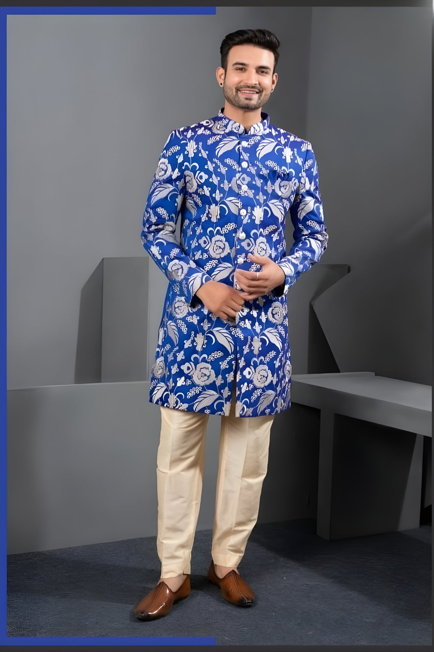 Awesome Blue Art Silk Embroidered Designer Indo Western Suit with Pyjama for Wedding