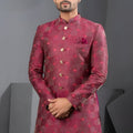 Classic Maroon Art Silk Jacquard Designer Indo Western Suit with Pyjama for Wedding