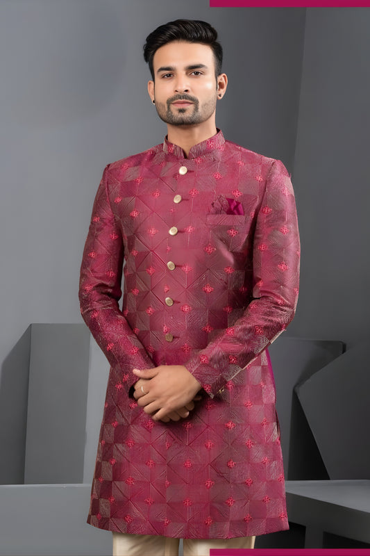 Classic Maroon Art Silk Jacquard Designer Indo Western Suit with Pyjama for Wedding