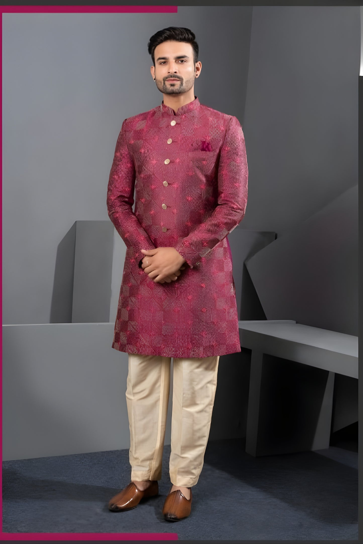 Classic Maroon Art Silk Jacquard Designer Indo Western Suit with Pyjama for Wedding