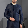 Unique Navy Blue Art Silk Embroidered Designer Indo Western Suit with Pyjama for Wedding