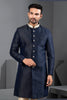 Unique Navy Blue Art Silk Embroidered Designer Indo Western Suit with Pyjama for Wedding