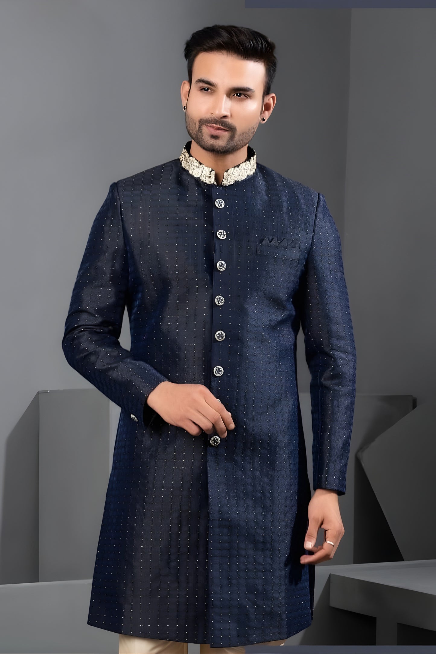 Unique Navy Blue Art Silk Embroidered Designer Indo Western Suit with Pyjama for Wedding