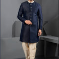 Unique Navy Blue Art Silk Embroidered Designer Indo Western Suit with Pyjama for Wedding