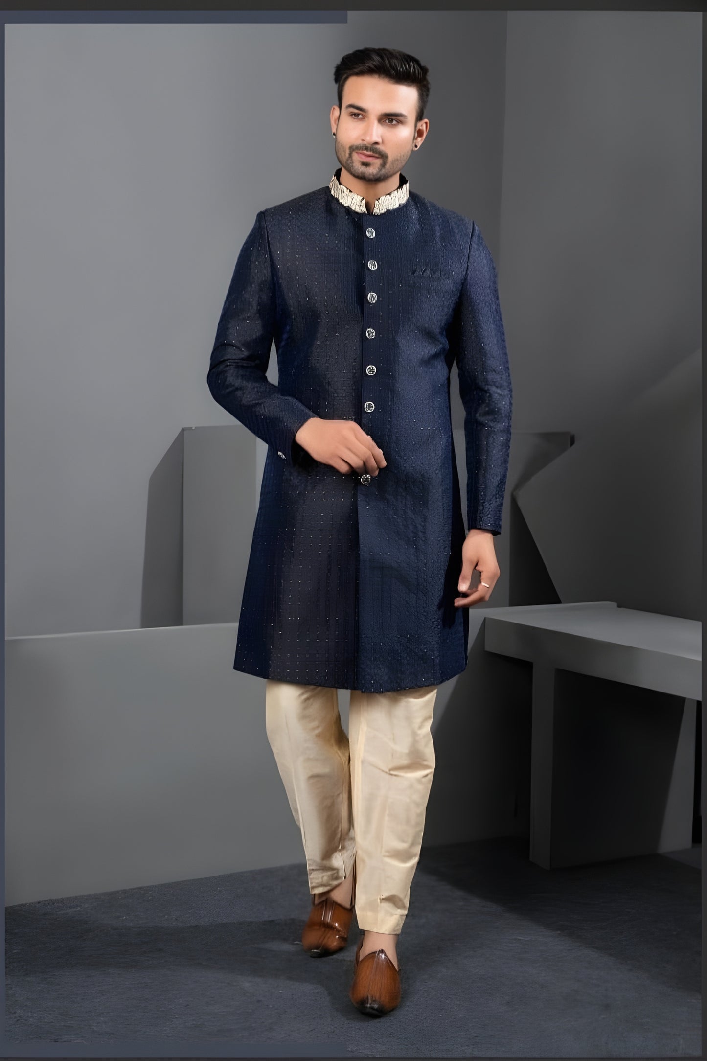 Unique Navy Blue Art Silk Embroidered Designer Indo Western Suit with Pyjama for Wedding