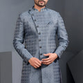 Handsome Grey Art Silk Jacquard Designer Indo Western Suit with Pyjama for Wedding