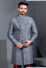 Handsome Grey Art Silk Jacquard Designer Indo Western Suit with Pyjama for Wedding