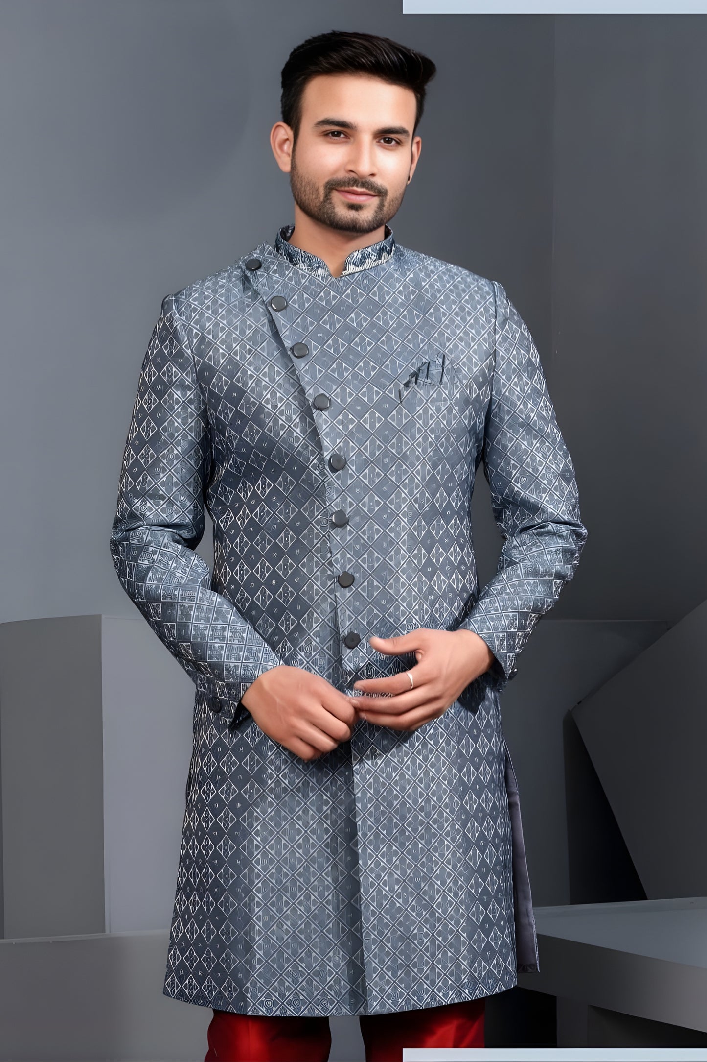 Handsome Grey Art Silk Jacquard Designer Indo Western Suit with Pyjama for Wedding
